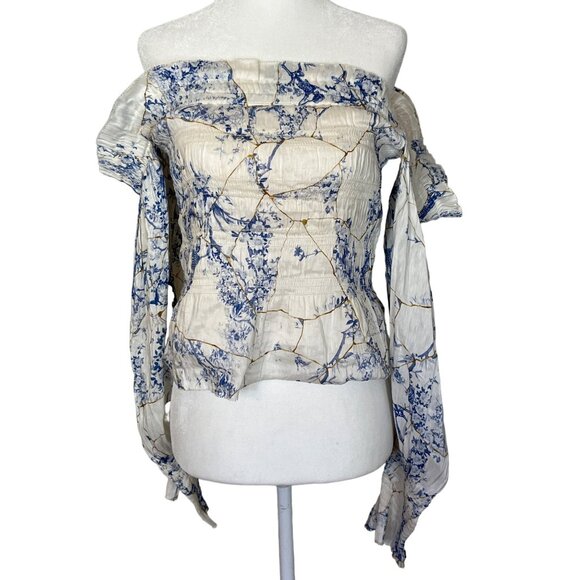 All Saints Blue and White Off-Shoulder Blouse - Picture 6 of 16